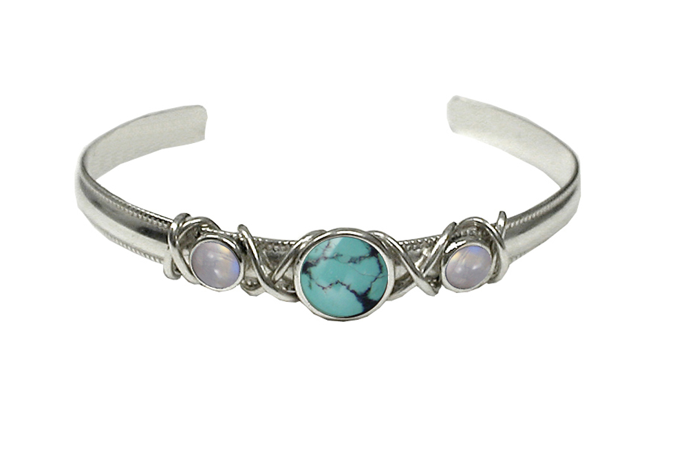 Sterling Silver Hand Made Cuff Bracelet With Chinese Turquoise And Rainbow Moonstone